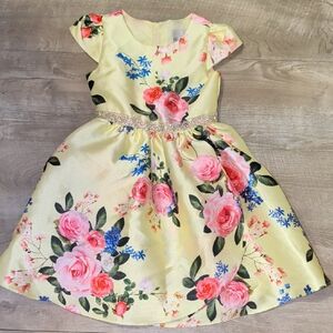 Rare Editions Yellow Floral Dress with Pink and Blue Details